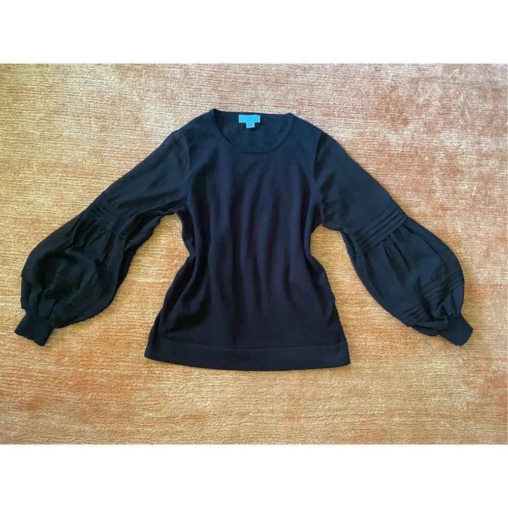 CeCe Long Sleeve Crew Neck Mixed Fabric Blouse M